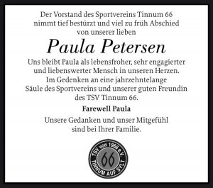Read more about the article Der TSV Tinnum 66 trauert um Paula Petersen