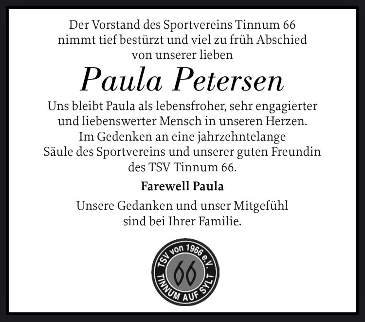 You are currently viewing Der TSV Tinnum 66 trauert um Paula Petersen